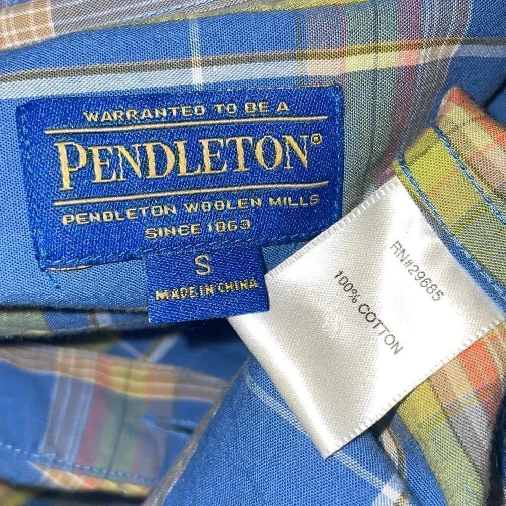 Pendleton Plaid Button Down Blue Yellow Orange S - Picture 4 of 6